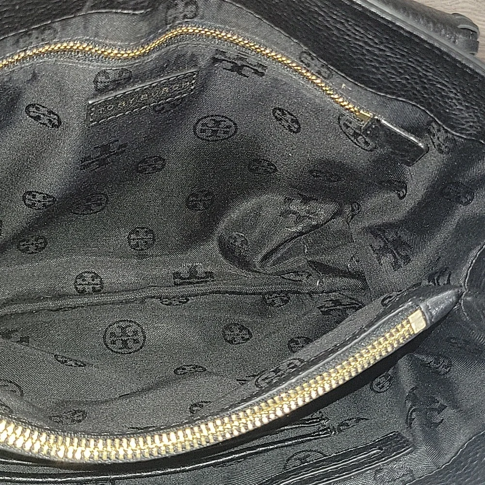 Tory Burch Flap Front Pebble Black Leather Shoulder Bag with Gold Chain-Strap